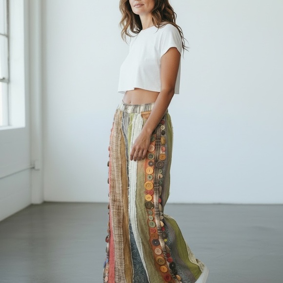 A Rare Bird Pants - Custom Boho Patchwork Wide-Leg Pants with Button Trim